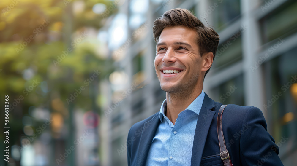 Businessman in an elegant suit exits a large office building, smiling and heading home. Businessman in an elegant suit exits a large office building, smiling and heading home.