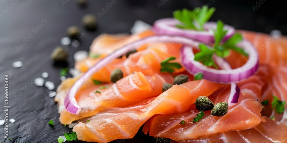 Close-Up of Delicious Smoked Salmon Belly with Capers and Red Onion. Concept Food Photography, Smoked Salmon, Culinary Art, Gourmet Dish, Appetizing Presentation Close-Up of Delicious Smoked Salmon Belly with Capers and Red Onion. Concept Food Photography, Smoked Salmon, Culinary Art, Gourmet Dish, Appetizing Presentation