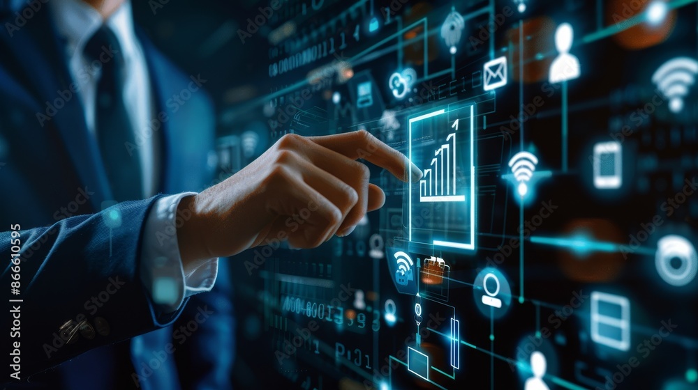 On a dark blue virtual screen, a businessman touches an icon representing online banking and online payments, shopping, and digital technology business. On a dark blue virtual screen, a businessman touches an icon representing online banking and online payments, shopping, and digital technology business.