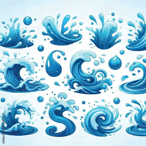 Liquid water splashes, falling aqua drops, sea or ocean waves and swirl. Blue water motion effects vector cartoon set