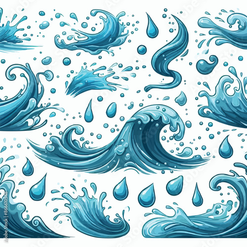 Liquid water splashes, falling aqua drops, sea or ocean waves and swirl. Blue water motion effects vector cartoon set