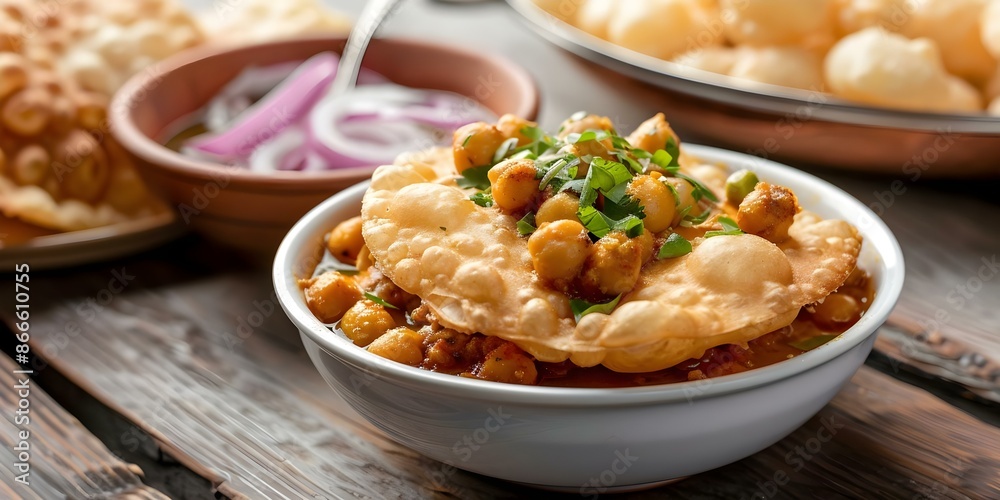 Delicious Indian Dish Chole Bhature with Fried Chickpea Puri. Concept Indian cuisine, Street food, Chickpea recipes, Fried bread dishes, Mouthwatering vegetarian meals Delicious Indian Dish Chole Bhature with Fried Chickpea Puri. Concept Indian cuisine, Street food, Chickpea recipes, Fried bread dishes, Mouthwatering vegetarian meals