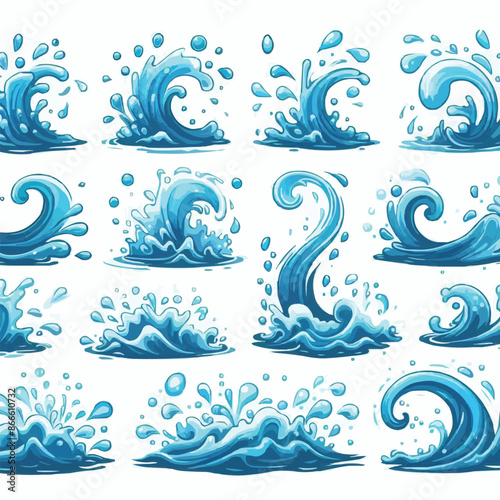Liquid water splashes, falling aqua drops, sea or ocean waves and swirl. Blue water motion effects vector cartoon set