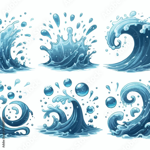 Liquid water splashes, falling aqua drops, sea or ocean waves and swirl. Blue water motion effects vector cartoon set