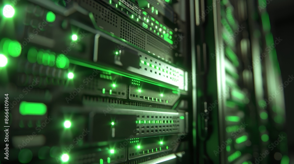 Close up view of server equipment showing flickering light indicators, slowly moving camera in data center. Photorealistic 3D render loop. Close up view of server equipment showing flickering light indicators, slowly moving camera in data center. Photorealistic 3D render loop.