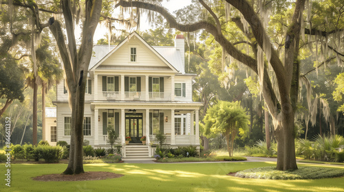 House with Garden. Low Country (Plantation style). 
 Architecture Exterior with Windows. Residential Building (one family). Real Estate. Suburban Residence.    