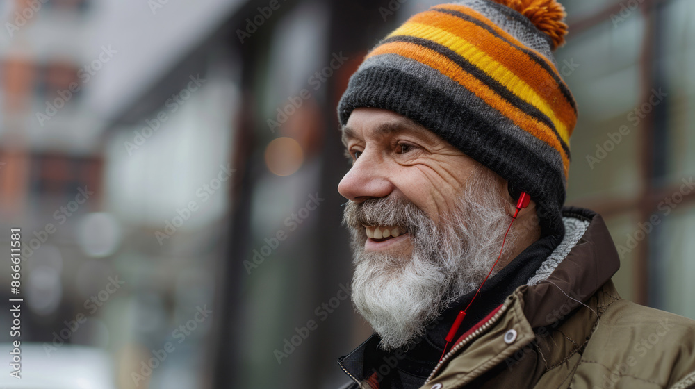 A happy middle-aged man dressed in bright winter clothes with headphones, it's winter outside A happy middle-aged man dressed in bright winter clothes with headphones, it's winter outside