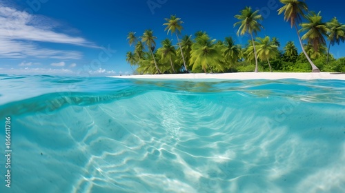 Panoramic view of a beautiful tropical beach with palm trees and turquoise water