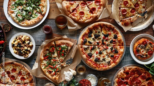 A table set with various types of pizza, including vegetarian, meat lovers, and Hawaiian, showcasing a delightful pizza feast photo