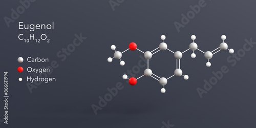 eugenol molecule 3d rendering, flat molecular structure with chemical formula and atoms color coding photo