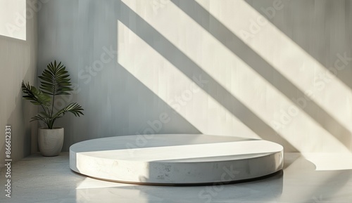 White Marble Platform With Sunlight and Plant in Minimalist Interior
