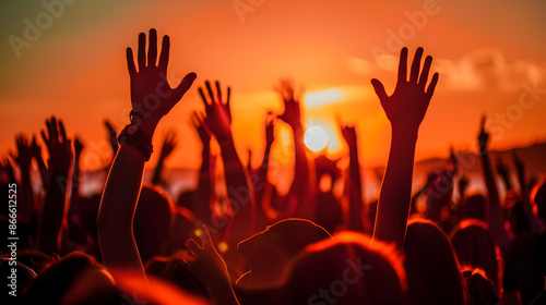 Silhouetted Crowd with Raised Hands Against a Warm Summer Sunset. Energy of a Live Music Event. Youth Culture and Music Festival Concept