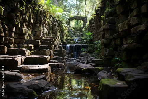 Cairns, Australia, the Paronella Park Nature Reserve, with ruins and waterfalls., generative IA photo