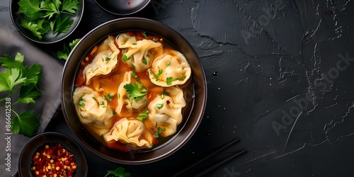 Spicy Nepalese Dumpling Soup with Tomato Seasoning and Fried Gyoza Broth. Concept Nepalese Cuisine, Dumplings, Spicy Soup, Tomato Seasoning, Gyoza Broth