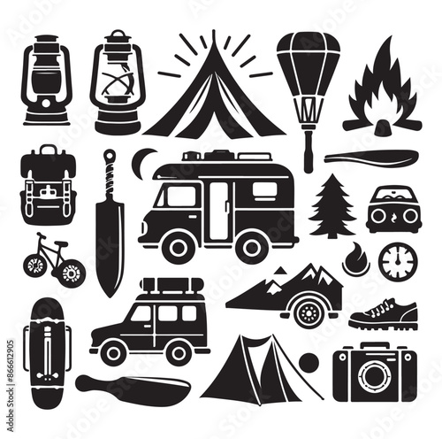  Camping and Outdoors set silhouette vector illustration.