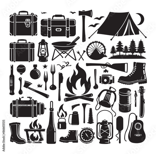  Camping and Outdoors set silhouette vector illustration.