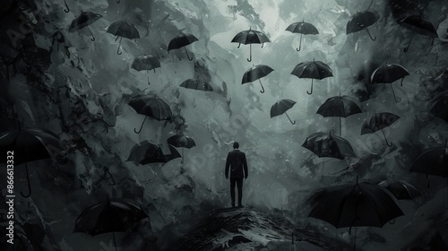 Standing in the rain among umbrella holders, a man walks across the street, digital art style, illustration painting photo
