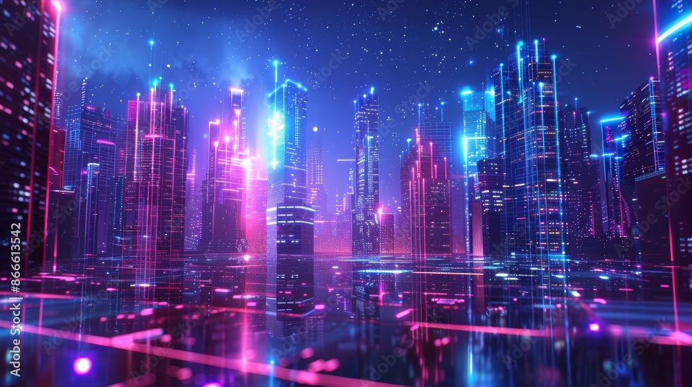 cityscape with space and neon light effect. Modern hi-tech, science, futuristic technology concept. Abstract digital high tech city design for banner background cityscape with space and neon light effect. Modern hi-tech, science, futuristic technology concept. Abstract digital high tech city design for banner background