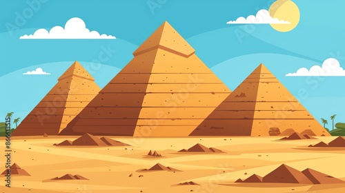A cartoon illustration of three pyramids in a desert landscape under a bright blue sky.  vector