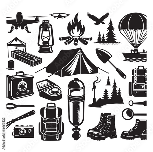 Camping and Outdoors set silhouette vector illustration