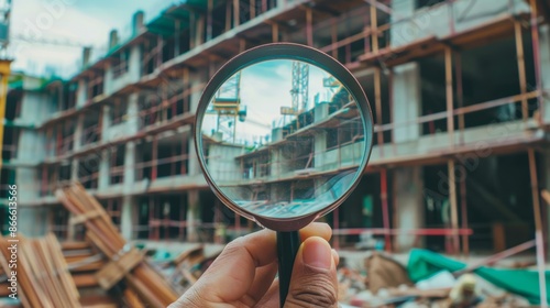 engineer use magnifying glass inspecting construction new house.inspecting construction and quality assurance new house. Engineers or architects or contactor work to build the house.