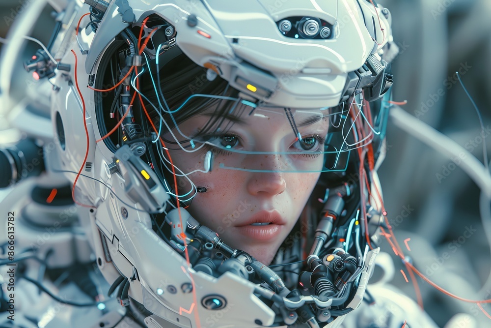 Fototapeta premium Semi-cyborg mechanic, created with stock AI in a digital art style