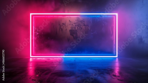 A sleek rectangle picture frame with dynamic blue and pink neon lights