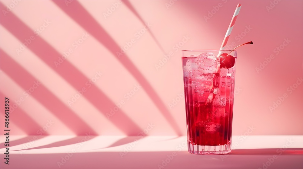 Light Red Summer Drink on a pink Background with Sunlight and Shadows Light Red Summer Drink on a pink Background with Sunlight and Shadows