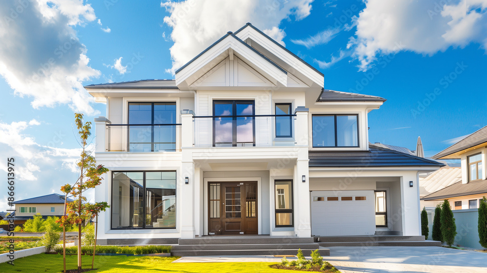 American House with Garden. Architecture Exterior with Windows. Residential Building (one family). Real Estate. Suburban Residence. American House with Garden. Architecture Exterior with Windows. Residential Building (one family). Real Estate. Suburban Residence.