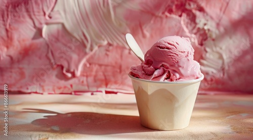 Single Serving of Pink Ice Cream in a White Cup on a Light Blue Table With a ...