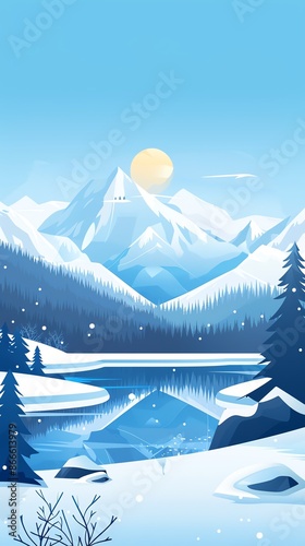 A serene winter landscape with snow-capped mountains reflecting in a frozen lake.  The sun shines brightly in the sky.