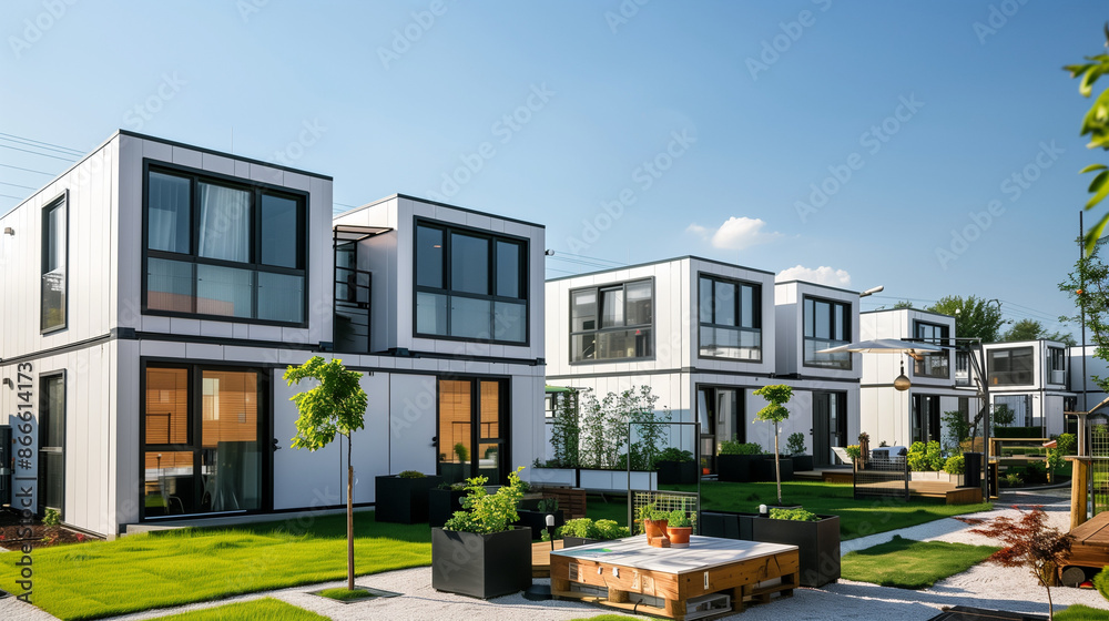 Container House with Garden. Architecture Exterior with Windows. Residential Building (one family). Real Estate. Suburban Residence.    
