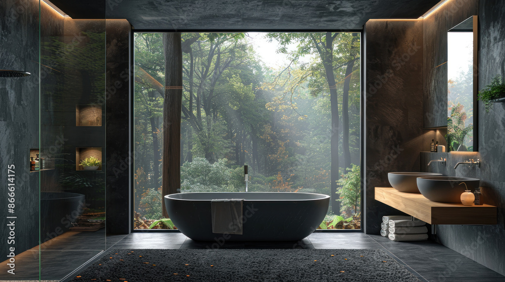 Modern minimalist bathroom with forest view, luxurious interior design featuring freestanding bathtub, large window, and natural elements. Concept of relaxation, tranquility, and spa-like experience.