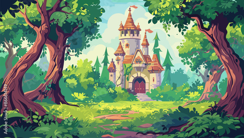 Fantasy Castle Dense Forest Lush Greenery Background Game Style Cartoon Illustration Fairy Tale Magical Kingdom Medieval Architecture Palace Fortress Fairyland Majestic Towers