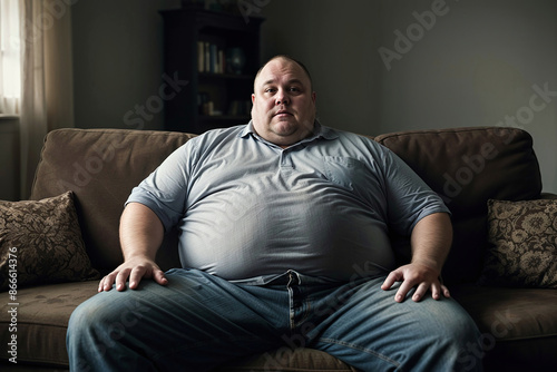 An overweight man, with big fat belly, sitting on a sofa, living a sedentary life, not doing any exercise. Obese male, a couch potato, not taking care of his weight, diet and health.