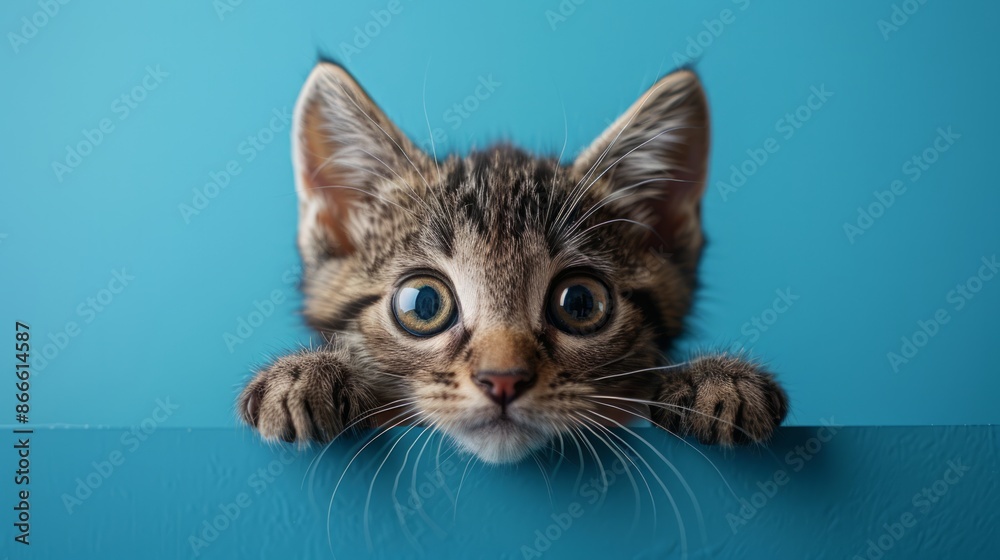 Curious Kitten Peeking Over a Blue Surface Curious Kitten Peeking Over a Blue Surface
