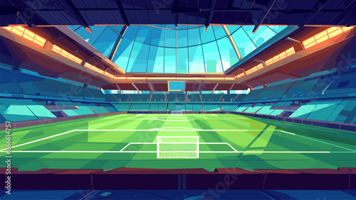 Football Stadium Pitch View Cartoon Background Soccer Field Scene Green Grass Pitch Match Illustration Game Perspective Scene