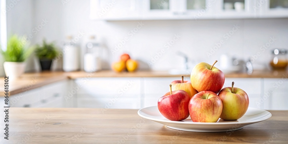 Fresh Apples on a White Plate in a Modern Kitchen. A plate of ripe apples is neatly arranged on a wooden kitchen countertop, surrounded by a clean and contemporary kitchen environment. Fresh Apples on a White Plate in a Modern Kitchen. A plate of ripe apples is neatly arranged on a wooden kitchen countertop, surrounded by a clean and contemporary kitchen environment.