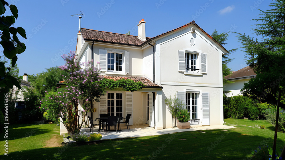 Traditional French Stone House with Garden. Architecture Exterior with Windows with Shutters. Residential Building (one family). Real Estate. Suburban Residence. Paris, France Traditional French Stone House with Garden. Architecture Exterior with Windows with Shutters. Residential Building (one family). Real Estate. Suburban Residence. Paris, France