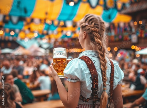 Munich Oktoberfest, a waiter holds a beer in front of a tent interior background. photo