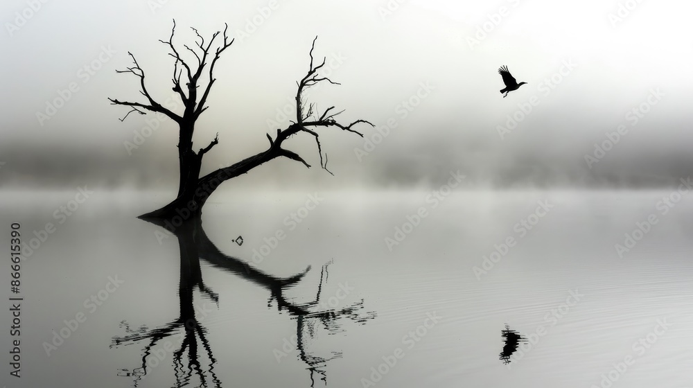 Fototapeta premium A hauntingly beautiful scene: the silhouette of a dead tree mirrored on a misty lake, with a lone bird gracefully soaring above
