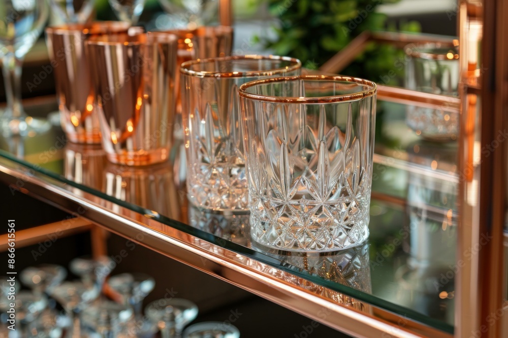 Crystal glasses are neatly arranged behind a bar, sparkling and waiting for a bartender to fill them Crystal glasses are neatly arranged behind a bar, sparkling and waiting for a bartender to fill them