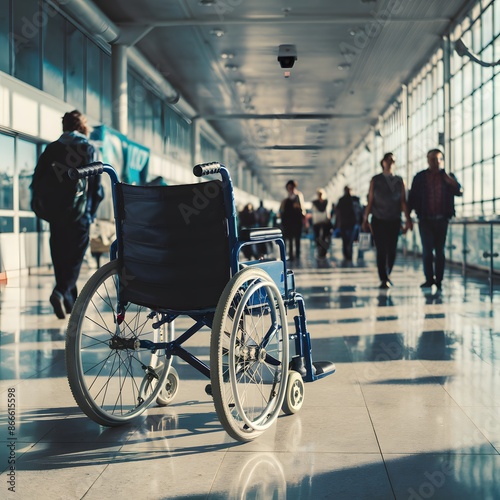 Spacious airport corridor with wheelchair amidst bustling sunlight For Social Media Post Size