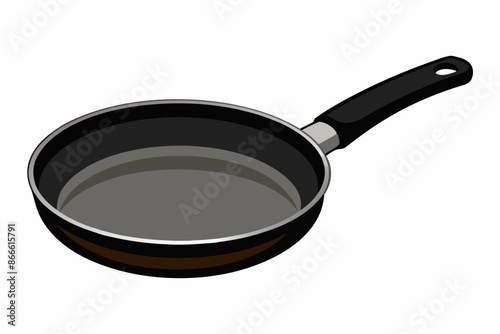 An empty frying pan with a black handle is placed on a white background