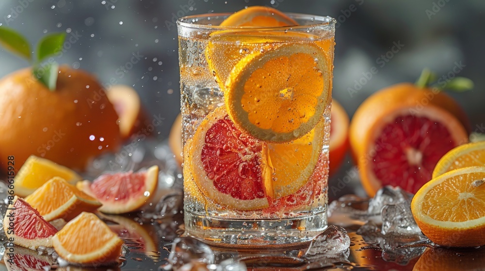 Healthy Hydration with Fruits: Capture a scene of a glass of water with slices of citrus fruits, creating a fresh and healthy vibe. Healthy Hydration with Fruits: Capture a scene of a glass of water with slices of citrus fruits, creating a fresh and healthy vibe.
