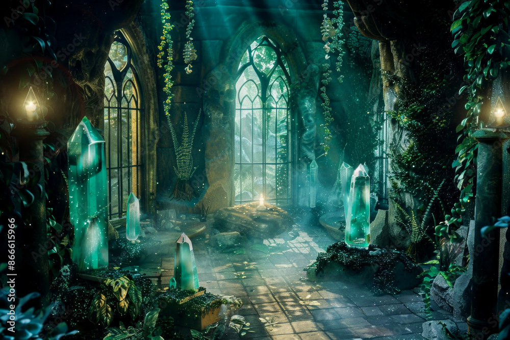 The interior of an ancient fantastic castle with high arches and windows. Inside the palace there are crystals and plants The interior of an ancient fantastic castle with high arches and windows. Inside the palace there are crystals and plants