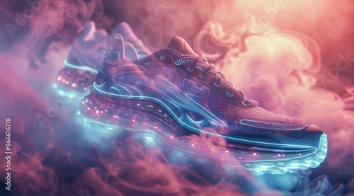 Futuristic Running Shoes Glowing in Smoke and Lights