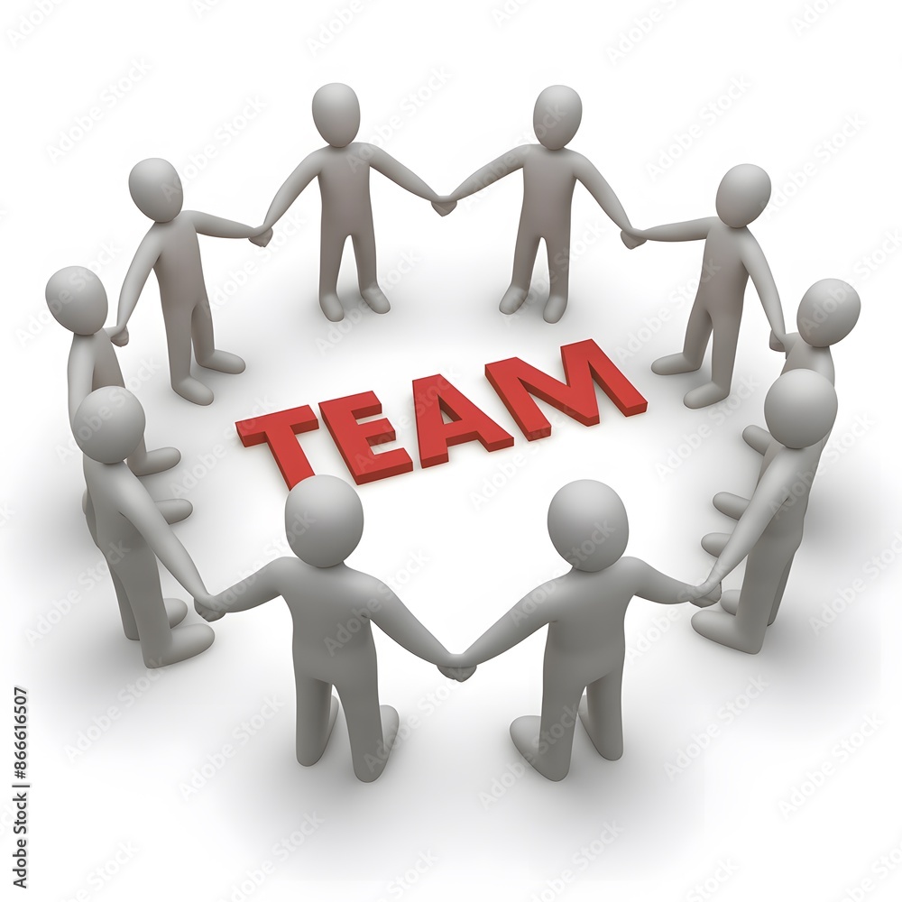 Eight 3D figures hold hands around TEAM, emphasizing unity For Social Media Post Size Eight 3D figures hold hands around TEAM, emphasizing unity For Social Media Post Size