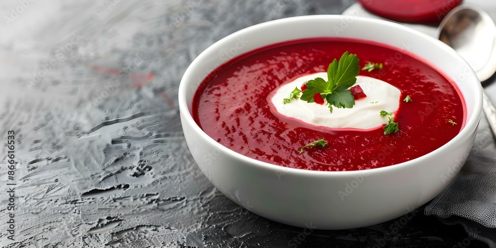 Traditional Eastern European Red Beet Soup with Sour Cream Garnish. Concept Beet Soup, Eastern European Cuisine, Sour Cream Garnish, Traditional Recipe Traditional Eastern European Red Beet Soup with Sour Cream Garnish. Concept Beet Soup, Eastern European Cuisine, Sour Cream Garnish, Traditional Recipe