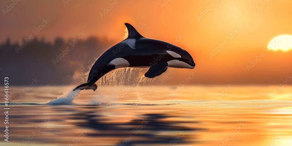 Fototapeta premium Orca whale leaping in the water at sunset. Concept Ocean wildlife, Orca whales, Sunset scene, Marine animals, Nature photography